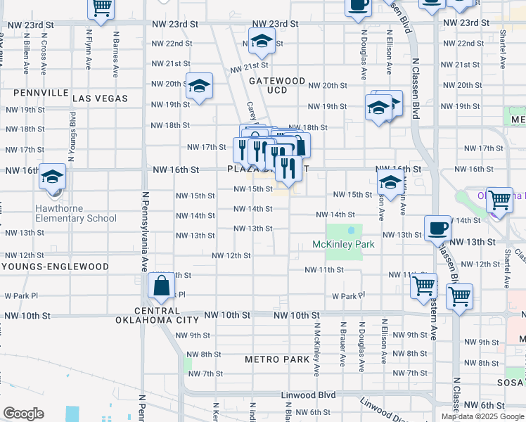 map of restaurants, bars, coffee shops, grocery stores, and more near 1732 Northwest 14th Street in Oklahoma City
