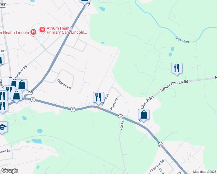 map of restaurants, bars, coffee shops, grocery stores, and more near 199 James Street in Lincolnton