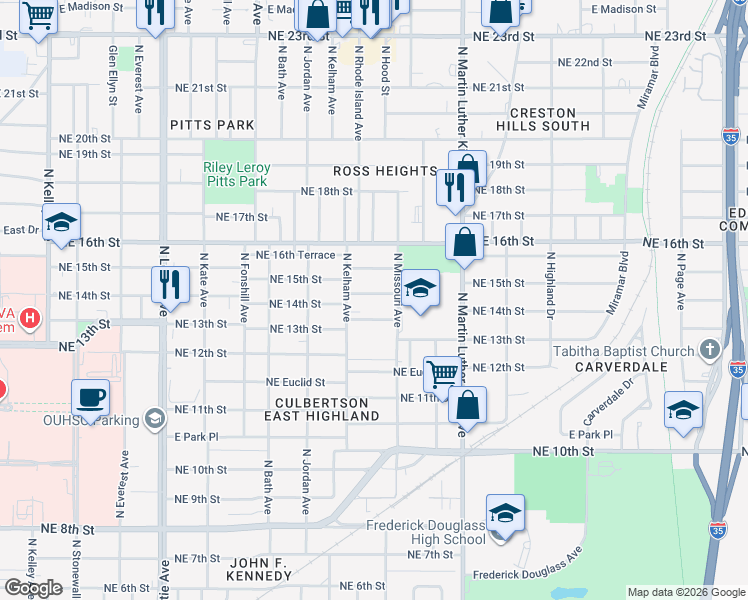 map of restaurants, bars, coffee shops, grocery stores, and more near 1724 Northeast 14th Street in Oklahoma City