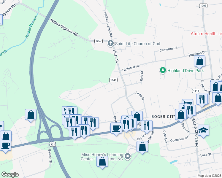 map of restaurants, bars, coffee shops, grocery stores, and more near 121 Davis Street in Lincolnton