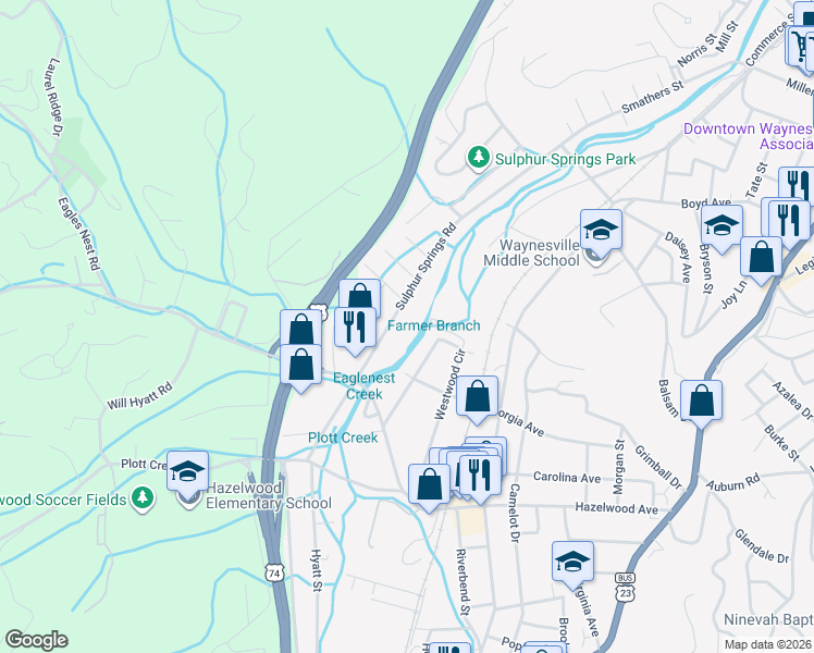 map of restaurants, bars, coffee shops, grocery stores, and more near 1273 Sulphur Springs Rd in Waynesville