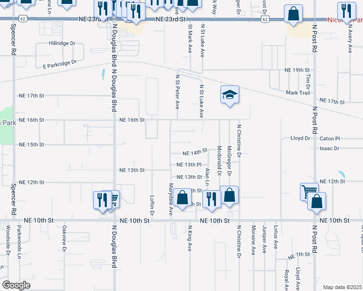 map of restaurants, bars, coffee shops, grocery stores, and more near 9312 Northeast Stardust Lane in Midwest City