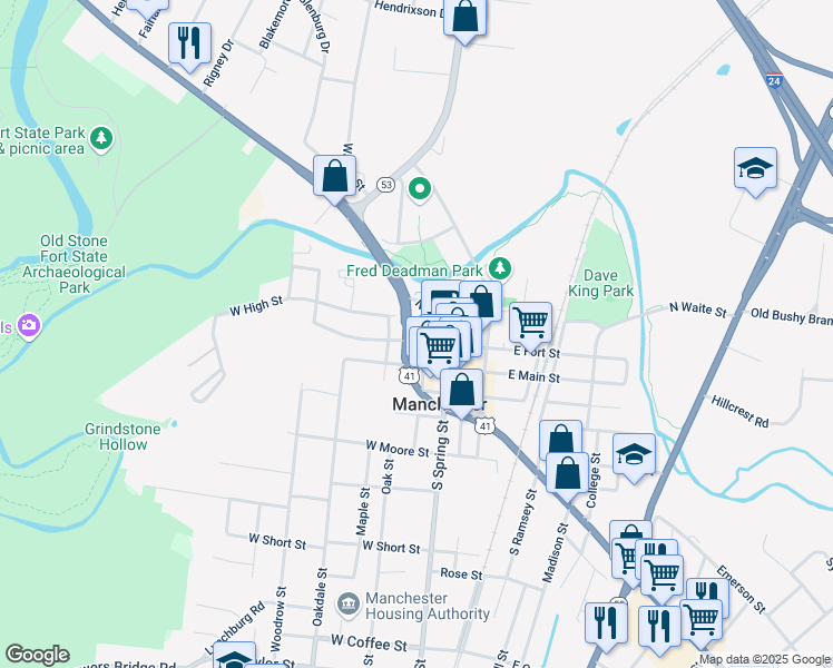 map of restaurants, bars, coffee shops, grocery stores, and more near 203 North Irwin Street in Manchester