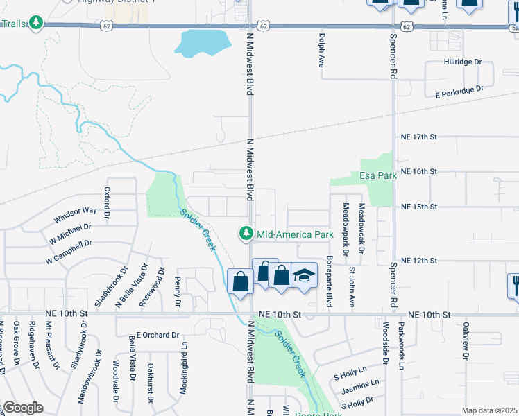 map of restaurants, bars, coffee shops, grocery stores, and more near 1406 North Midwest Boulevard in Midwest City