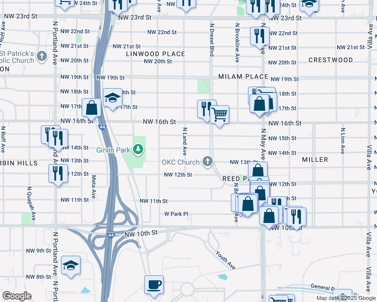 map of restaurants, bars, coffee shops, grocery stores, and more near 3140 Northwest 14th Street in Oklahoma City