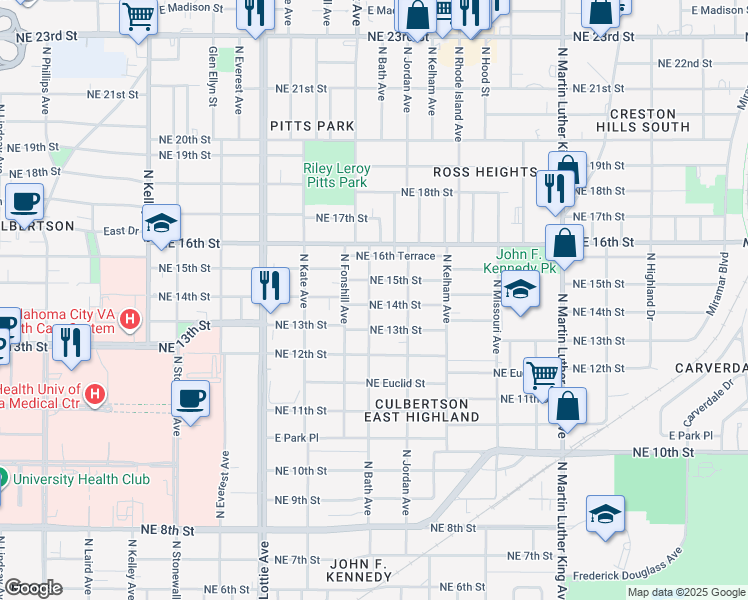 map of restaurants, bars, coffee shops, grocery stores, and more near 1501 Northeast 14th Street in Oklahoma City