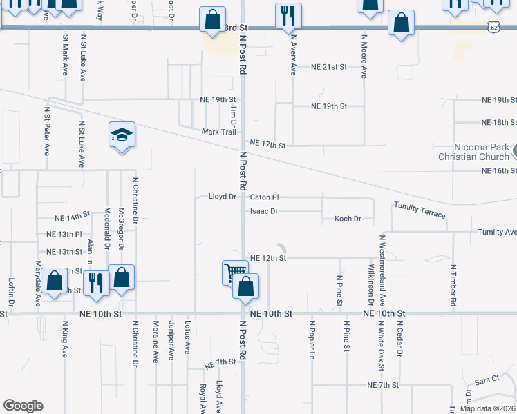 map of restaurants, bars, coffee shops, grocery stores, and more near 10027 Isaac Drive in Midwest City