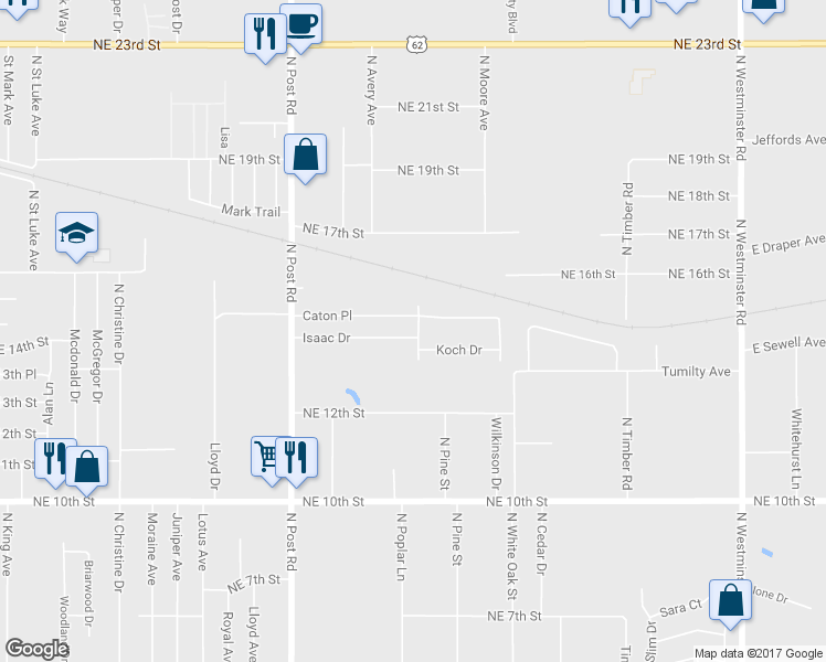 map of restaurants, bars, coffee shops, grocery stores, and more near 10221 Isaac Drive in Midwest City