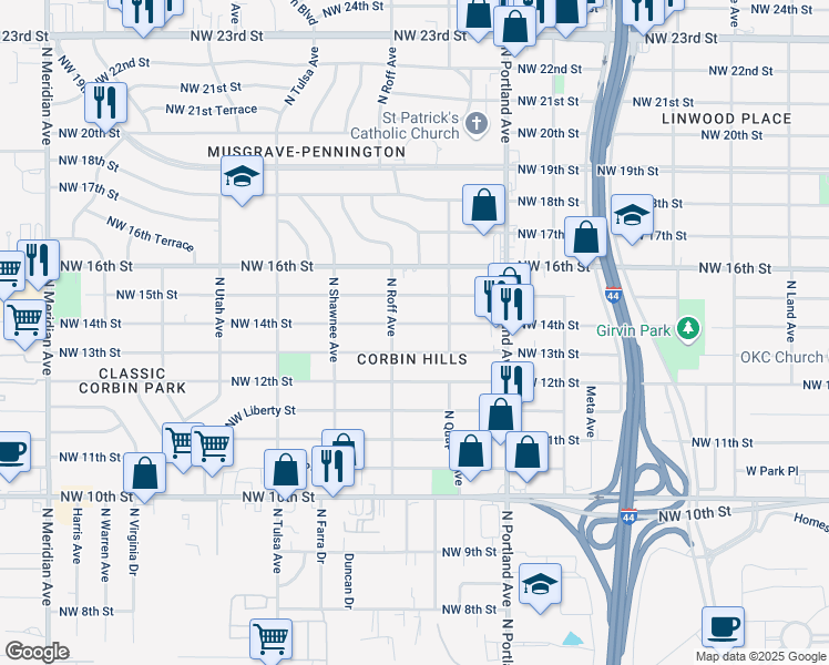map of restaurants, bars, coffee shops, grocery stores, and more near 3830 Northwest 14th Street in Oklahoma City