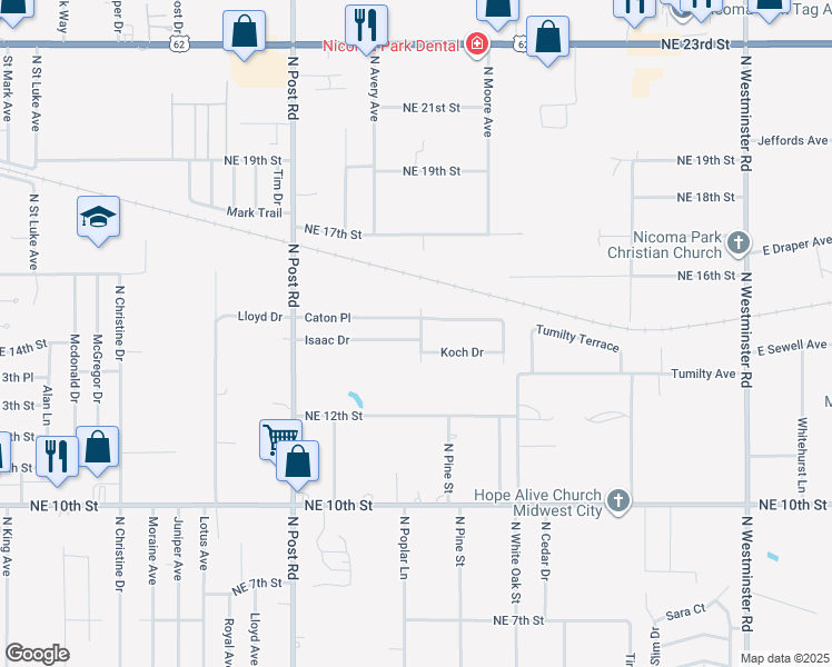 map of restaurants, bars, coffee shops, grocery stores, and more near 10221 Isaac Drive in Midwest City