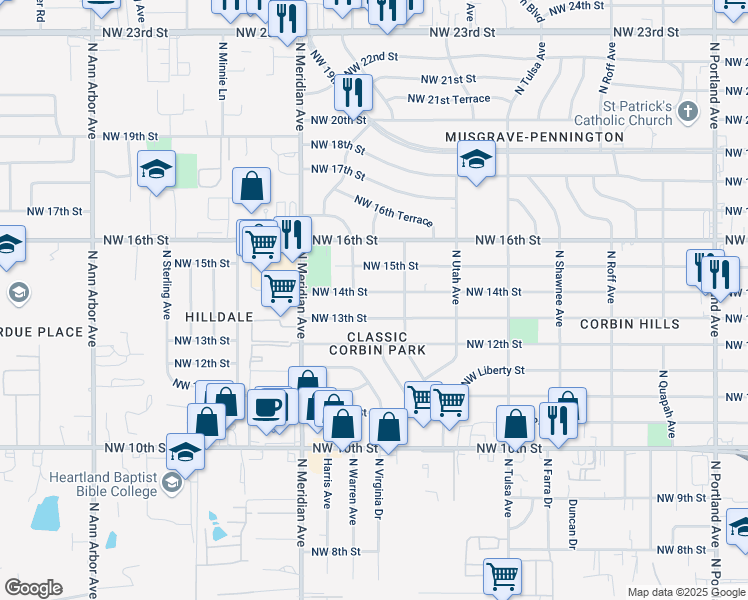 map of restaurants, bars, coffee shops, grocery stores, and more near 4316 Northwest 14th Street in Oklahoma City