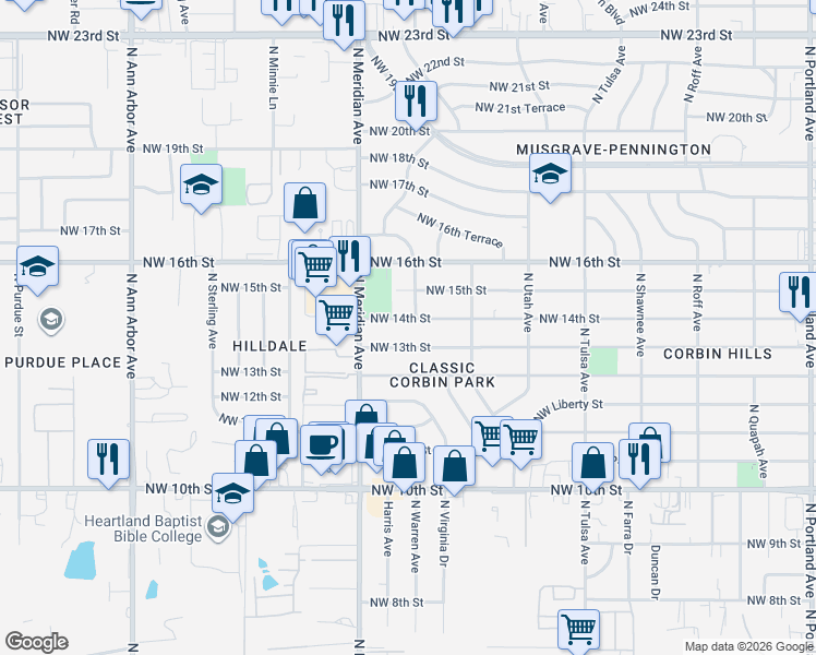 map of restaurants, bars, coffee shops, grocery stores, and more near 4400 Northwest 14th Street in Oklahoma City