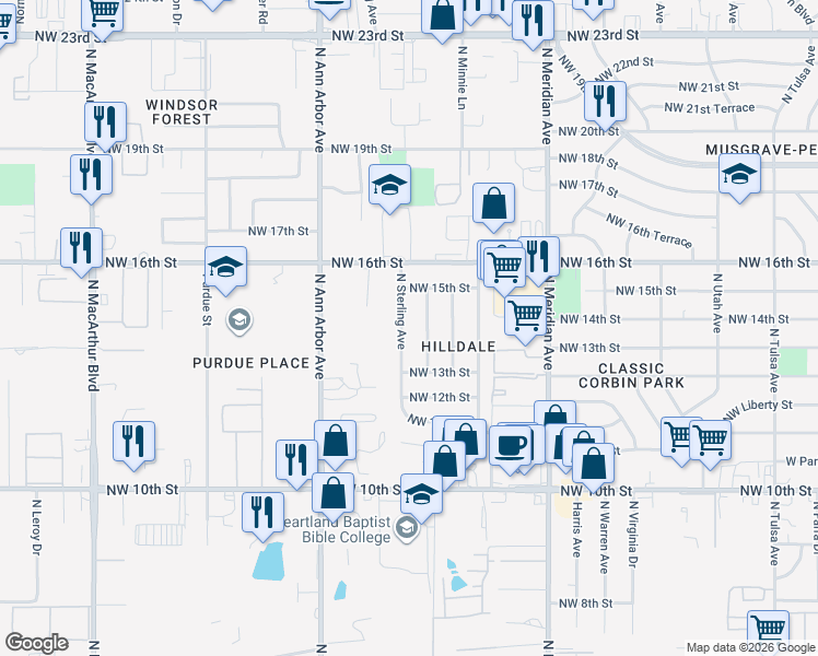 map of restaurants, bars, coffee shops, grocery stores, and more near 1500 North Sterling Avenue in Oklahoma City