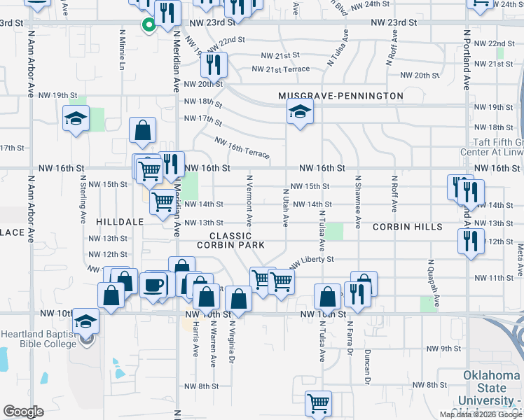 map of restaurants, bars, coffee shops, grocery stores, and more near 4232 Northwest 14th Street in Oklahoma City