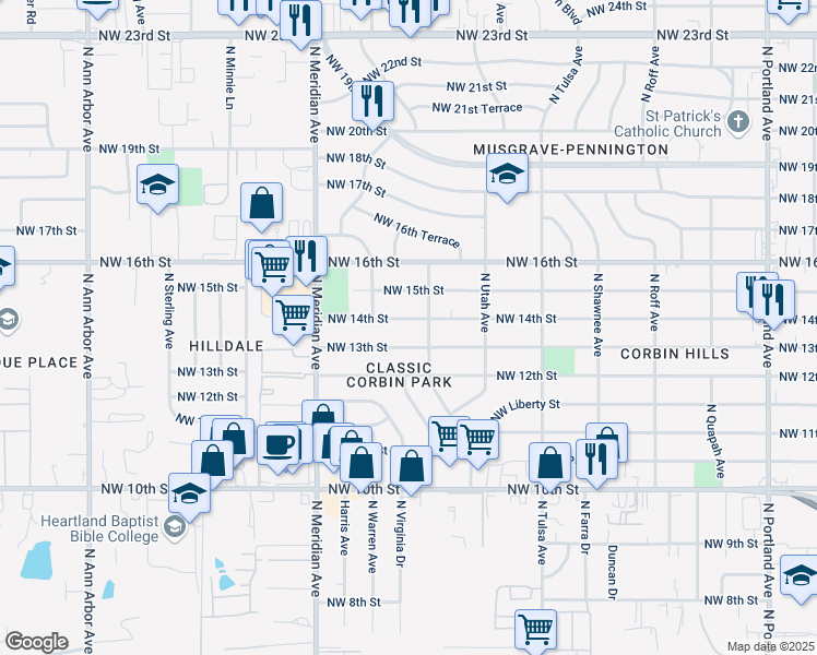 map of restaurants, bars, coffee shops, grocery stores, and more near 4316 NW 14th St in Oklahoma City