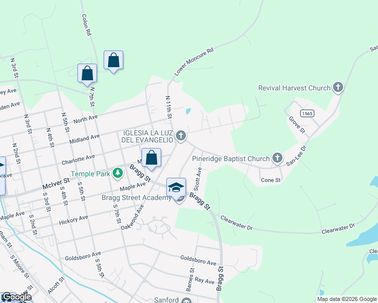map of restaurants, bars, coffee shops, grocery stores, and more near 641 Matthews Street in Sanford