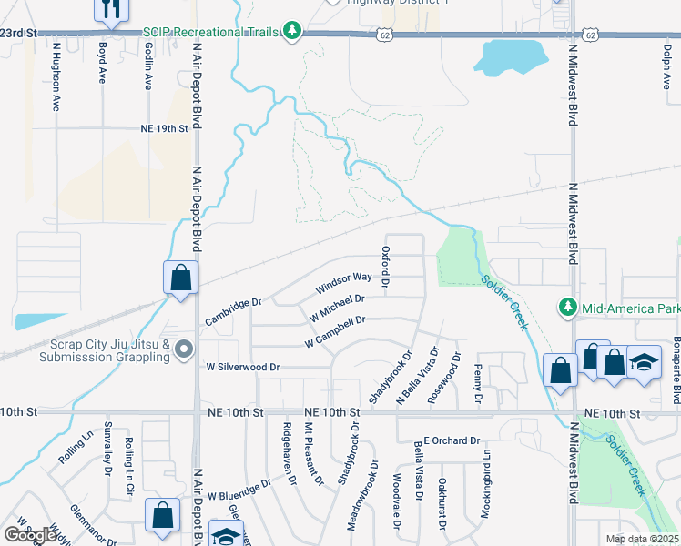 map of restaurants, bars, coffee shops, grocery stores, and more near 239 Windsor Way in Midwest City