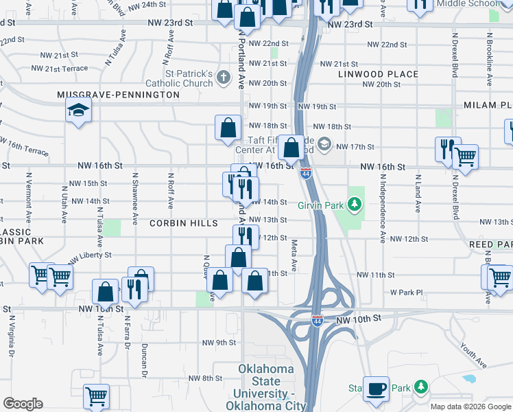 map of restaurants, bars, coffee shops, grocery stores, and more near 3628 Northwest 14th Street in Oklahoma City