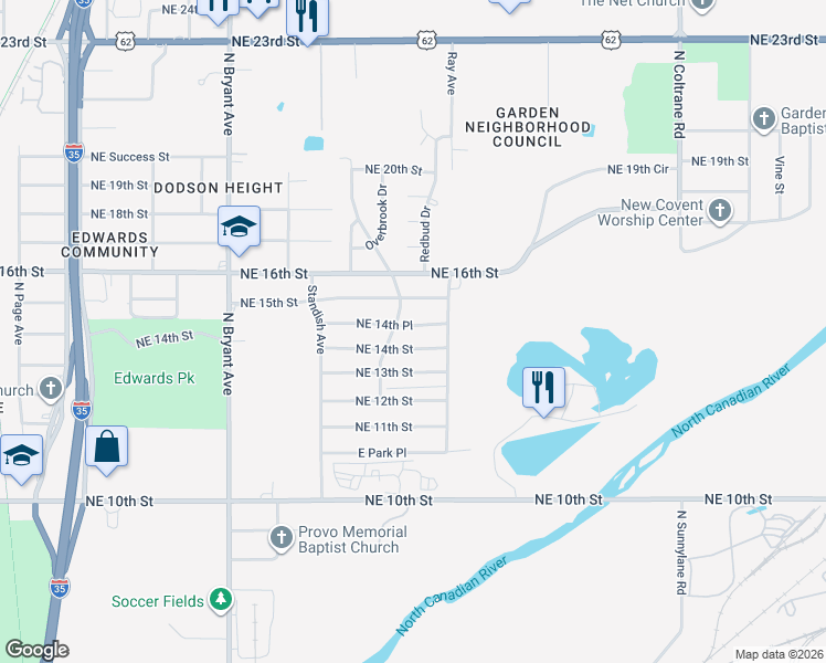 map of restaurants, bars, coffee shops, grocery stores, and more near 3312 Northeast 14th Place in Oklahoma City