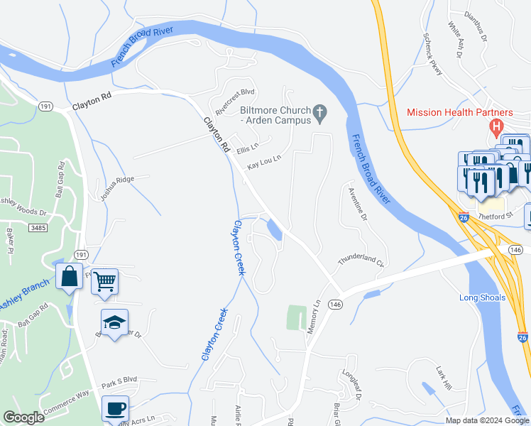 map of restaurants, bars, coffee shops, grocery stores, and more near 100 Clayton Road in Arden