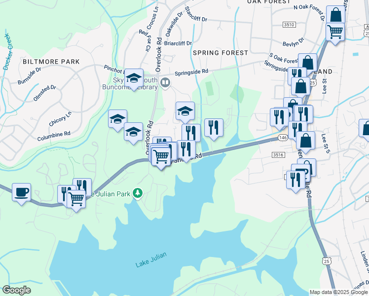 map of restaurants, bars, coffee shops, grocery stores, and more near 72 Long Shoals Road in Arden