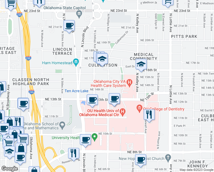 map of restaurants, bars, coffee shops, grocery stores, and more near 1509 North Phillips Avenue in Oklahoma City
