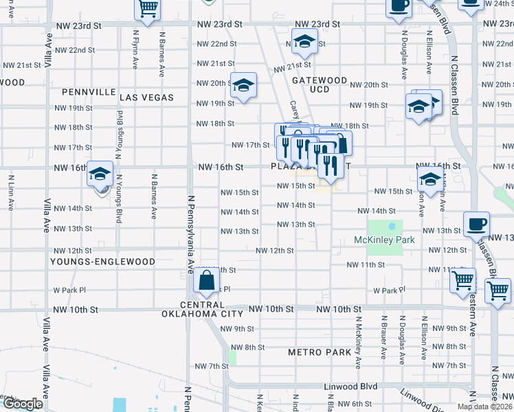 map of restaurants, bars, coffee shops, grocery stores, and more near 1505 North Kentucky Avenue in Oklahoma City