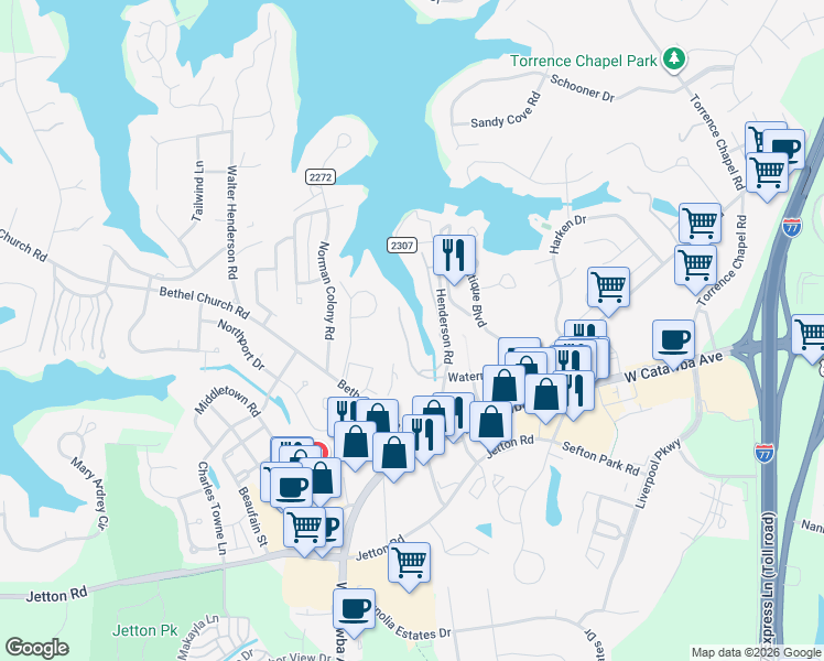 map of restaurants, bars, coffee shops, grocery stores, and more near 19827 Henderson Road in Cornelius