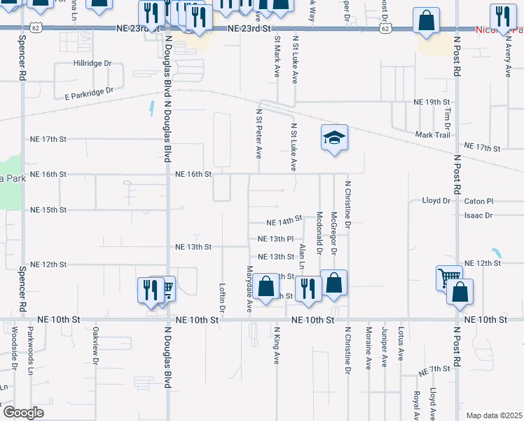 map of restaurants, bars, coffee shops, grocery stores, and more near 9312 Northeast Stardust Lane in Midwest City