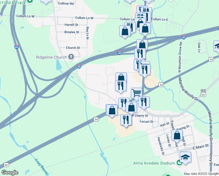 map of restaurants, bars, coffee shops, grocery stores, and more near 126 Meadors Drive in Alma