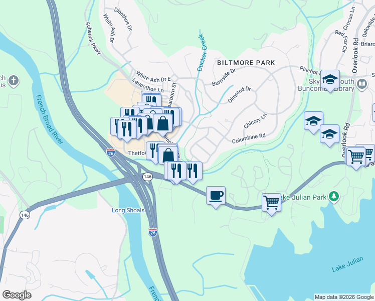 map of restaurants, bars, coffee shops, grocery stores, and more near 1350 Heathbrook Circle in Asheville