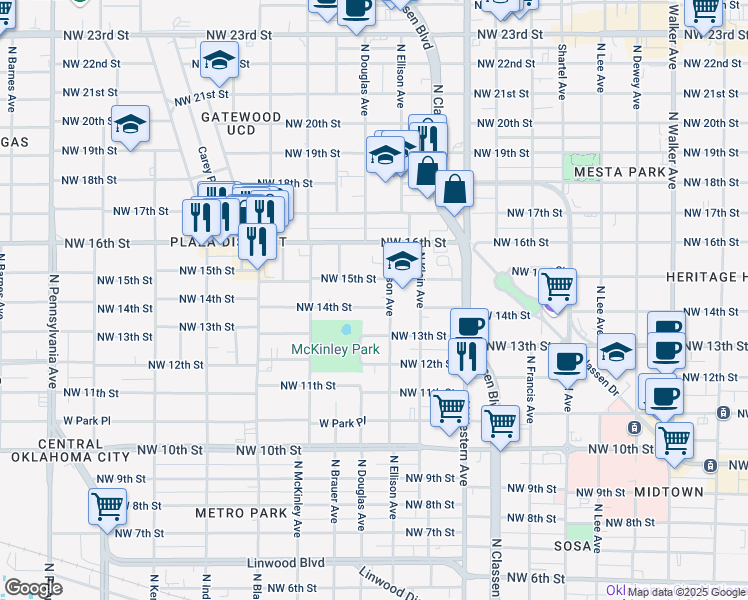 map of restaurants, bars, coffee shops, grocery stores, and more near 1410 Northwest 14th Street in Oklahoma City