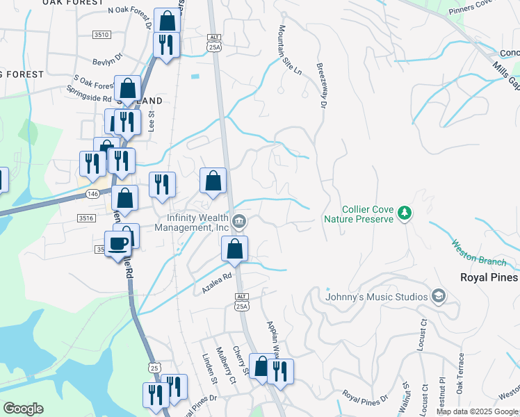 map of restaurants, bars, coffee shops, grocery stores, and more near 10 Mountain Road in Arden