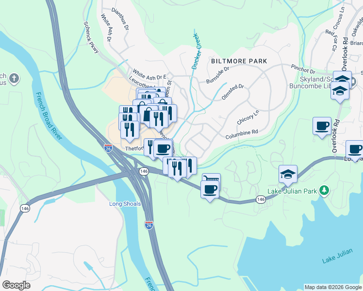 map of restaurants, bars, coffee shops, grocery stores, and more near 1350 Heathbrook Circle in Asheville