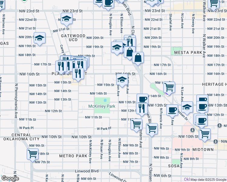 map of restaurants, bars, coffee shops, grocery stores, and more near 1410 Northwest 14th Street in Oklahoma City