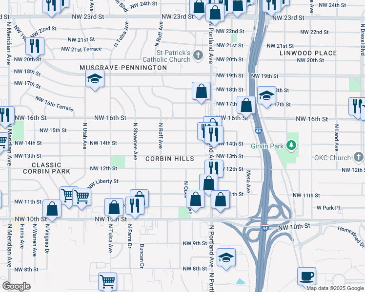 map of restaurants, bars, coffee shops, grocery stores, and more near 3744 Northwest 14th Street in Oklahoma City