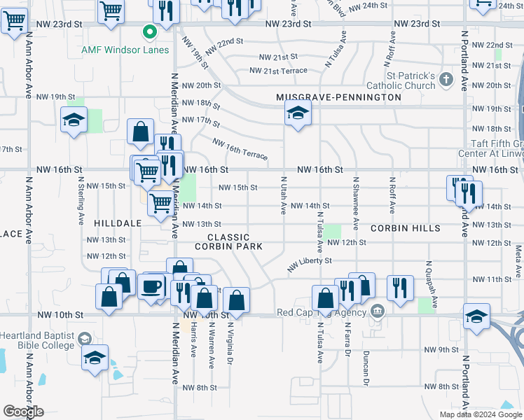 map of restaurants, bars, coffee shops, grocery stores, and more near 4232 Northwest 14th Street in Oklahoma City