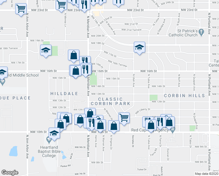 map of restaurants, bars, coffee shops, grocery stores, and more near 4316 Northwest 14th Street in Oklahoma City