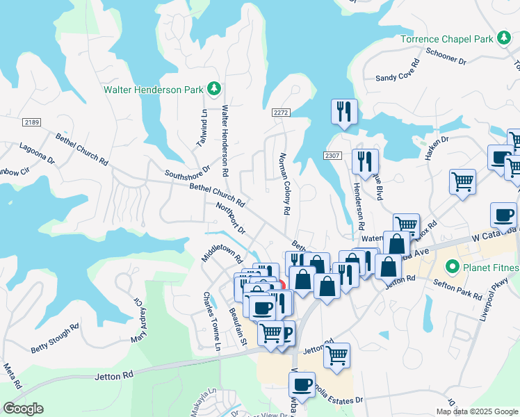 map of restaurants, bars, coffee shops, grocery stores, and more near 20212 Bethel Church Road in Cornelius