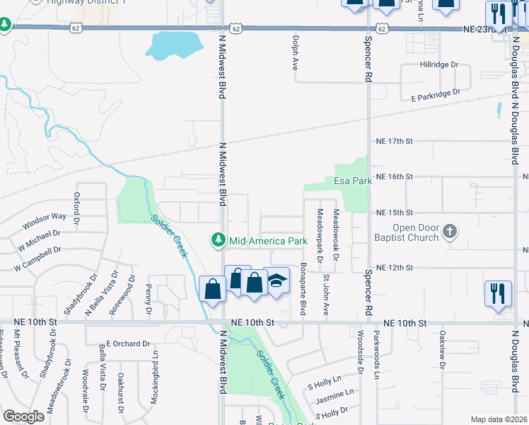map of restaurants, bars, coffee shops, grocery stores, and more near 801 Meadowgreen Drive in Midwest City