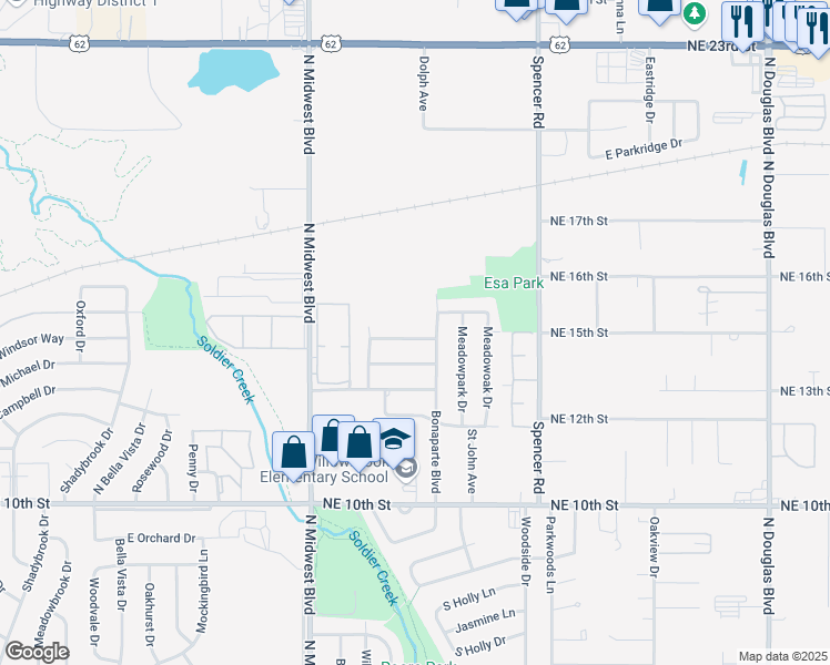 map of restaurants, bars, coffee shops, grocery stores, and more near 909 Meadowgreen Drive in Midwest City