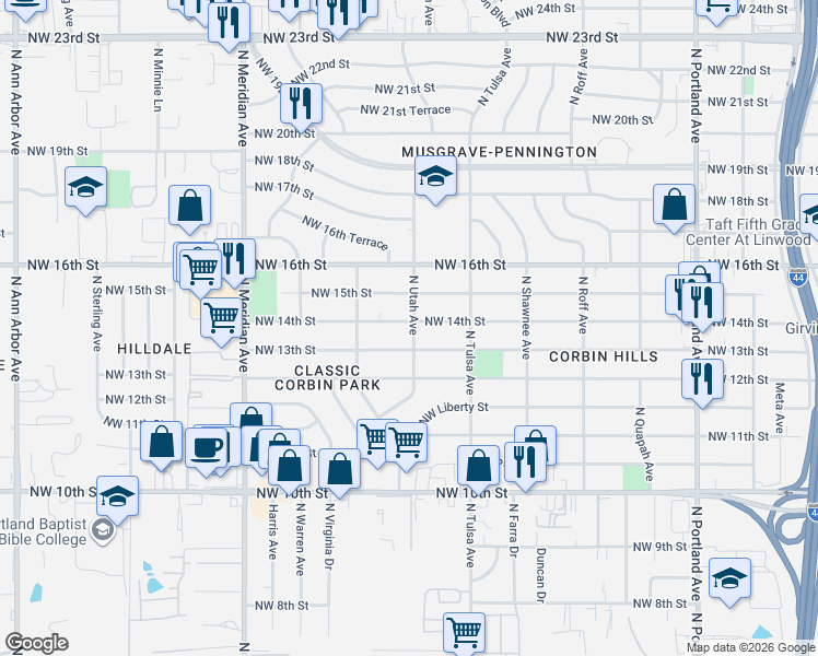 map of restaurants, bars, coffee shops, grocery stores, and more near 4200 Northwest 14th Street in Oklahoma City