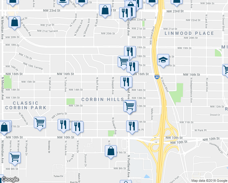 map of restaurants, bars, coffee shops, grocery stores, and more near 3744 Northwest 14th Street in Oklahoma City