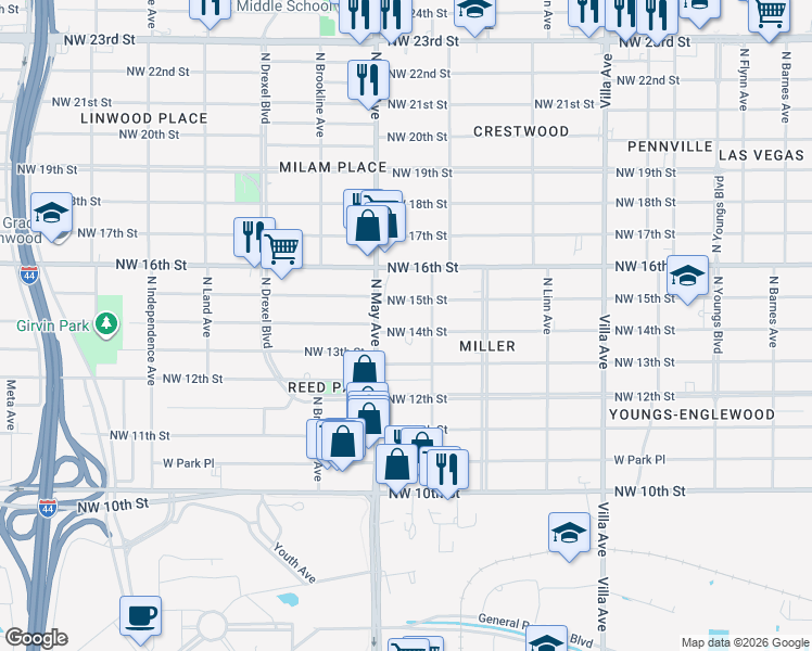 map of restaurants, bars, coffee shops, grocery stores, and more near 2821 Northwest 14th Street in Oklahoma City