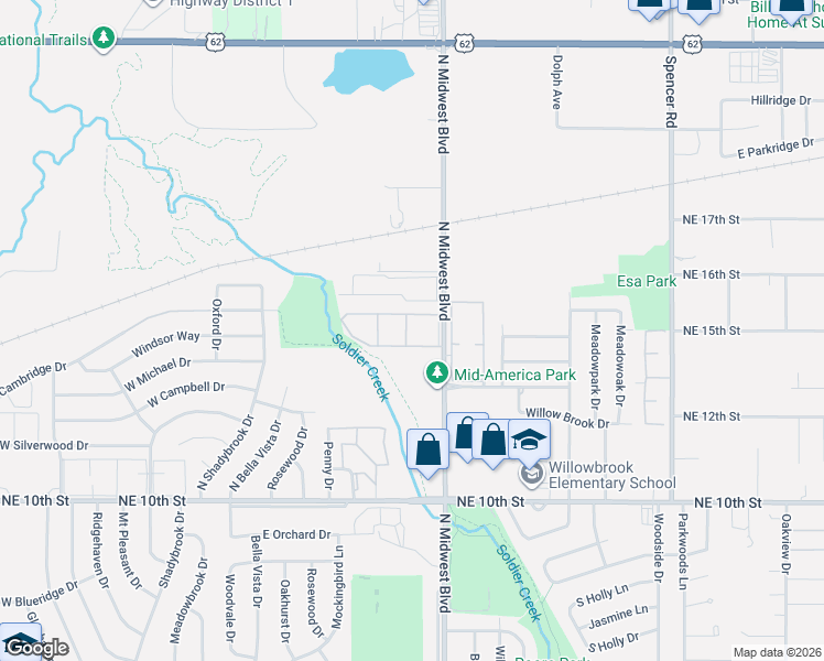 map of restaurants, bars, coffee shops, grocery stores, and more near 1401 North Midwest Boulevard in Oklahoma City