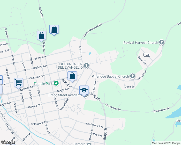 map of restaurants, bars, coffee shops, grocery stores, and more near 641 Matthews Street in Sanford