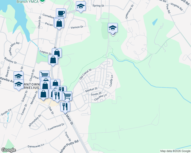 map of restaurants, bars, coffee shops, grocery stores, and more near 1051 Writers Way in Cornelius