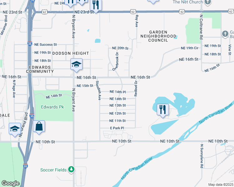 map of restaurants, bars, coffee shops, grocery stores, and more near 3220 Northeast 14th Place in Oklahoma City