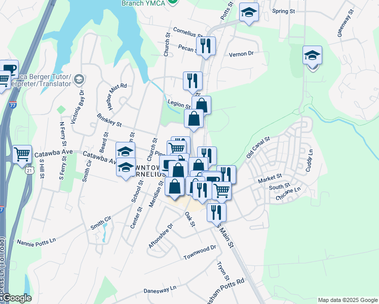 map of restaurants, bars, coffee shops, grocery stores, and more near 20219 N Main St in Cornelius