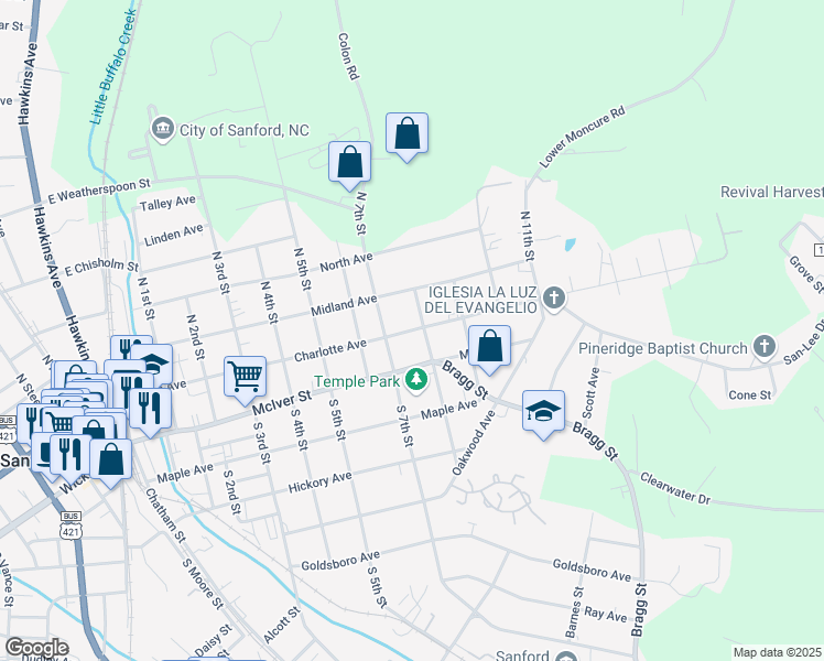 map of restaurants, bars, coffee shops, grocery stores, and more near Charlotte Avenue in Sanford